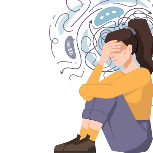 Illustration of a woman sitting with her head in her hand, showing anxiety, mental stress, and emotional overwhelm