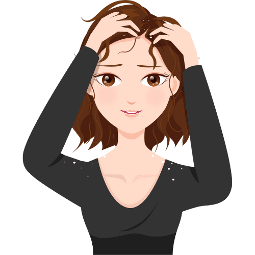 Illustration of a woman touching her scalp with visible flakes, showing dandruff and scalp dryness