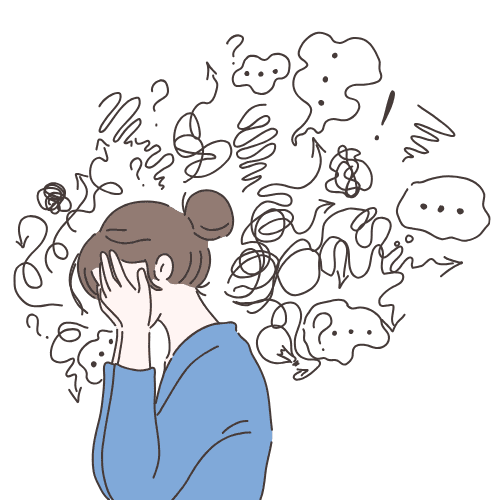 Illustration of a woman holding her head with chaotic thoughts around her, representing mental stress and anxiety