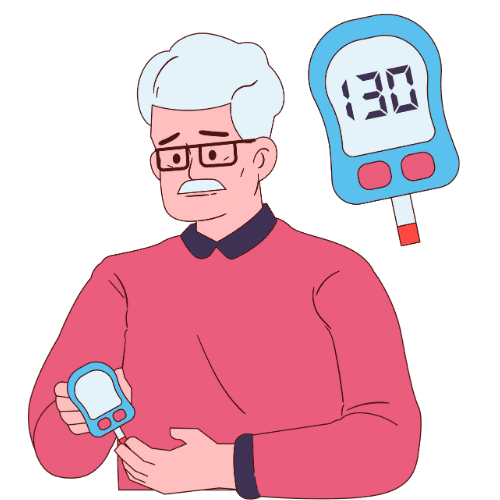 Illustration of an older man checking blood sugar levels with a glucose meter, showing concern about sugar balance.