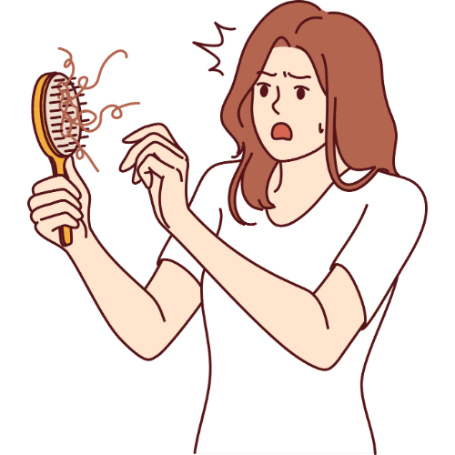 Illustration of a woman holding a hairbrush with visible hair fall, showing concern about hair thinning