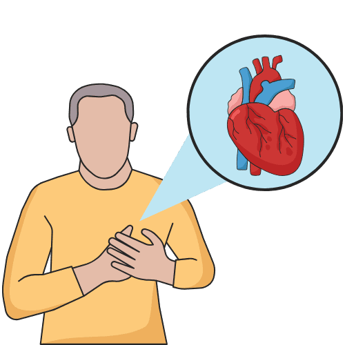 Illustration of a person holding chest with a visual heart icon representing heart-related wellness concerns.