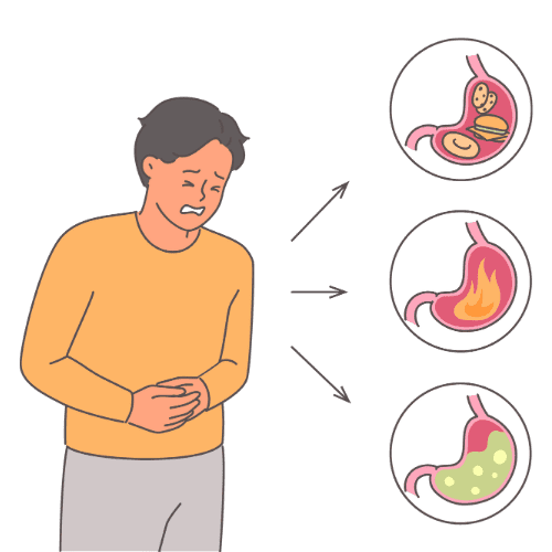 Illustration of a man experiencing stomach discomfort with visual icons showing digestive imbalance and acidity