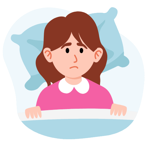 Illustration of a woman lying awake in bed showing difficulty sleeping and night-time restlessness.