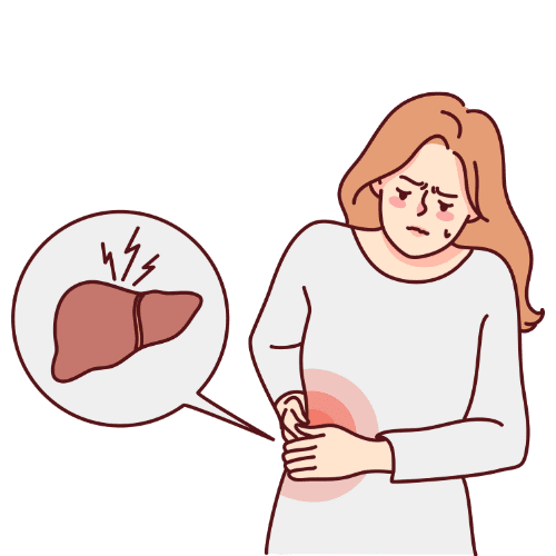Illustration of a woman experiencing abdominal discomfort with a visual symbol representing liver-related wellness concerns.