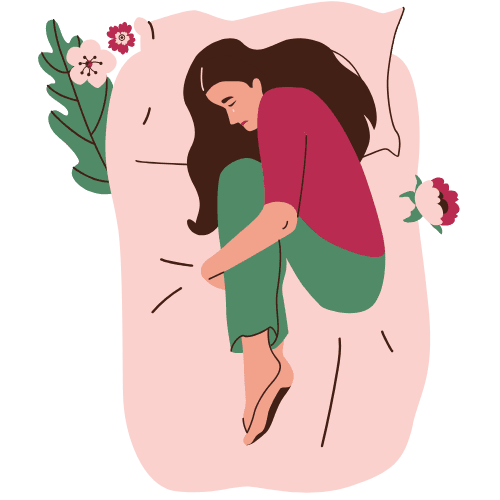 Illustration of a woman lying curled up in bed showing emotional stress, fatigue, and disturbed sleep.