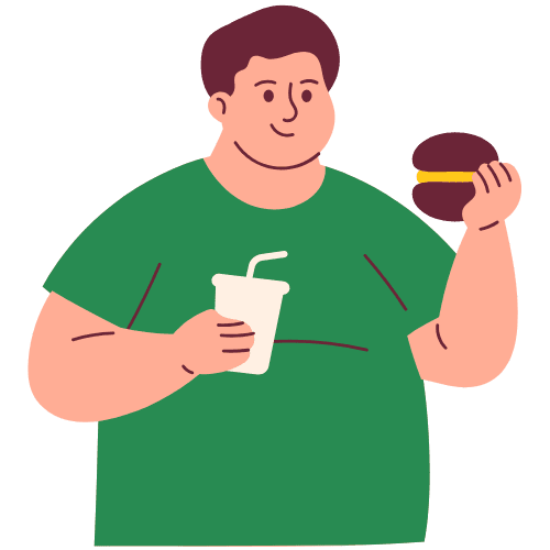 Illustration of an overweight person holding fast food and a soft drink, representing unhealthy eating habits.