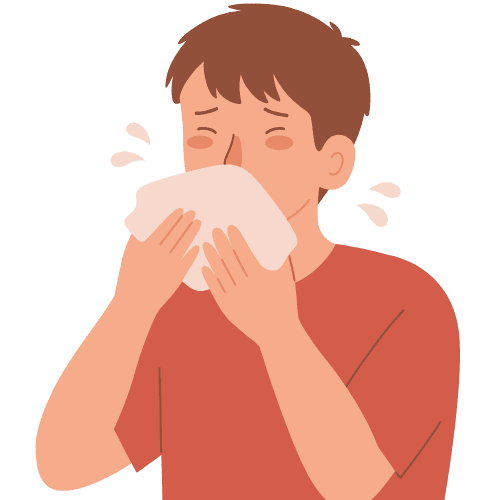 Illustration of a person blowing their nose with a tissue, showing cold or nasal discomfort