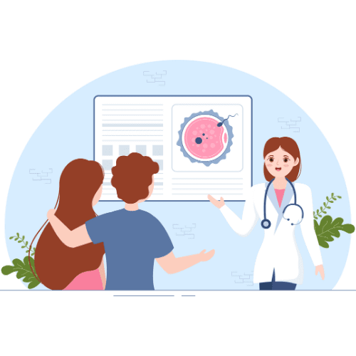 Illustration of a couple consulting a healthcare professional with visual information related to reproductive wellness.