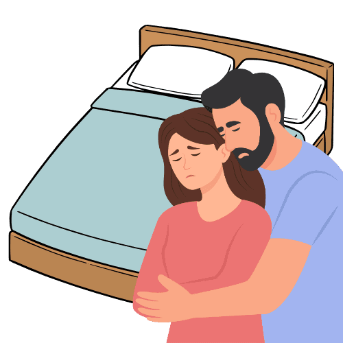 Illustration of a couple sitting near a bed showing emotional stress, fatigue, and disturbed sleep.